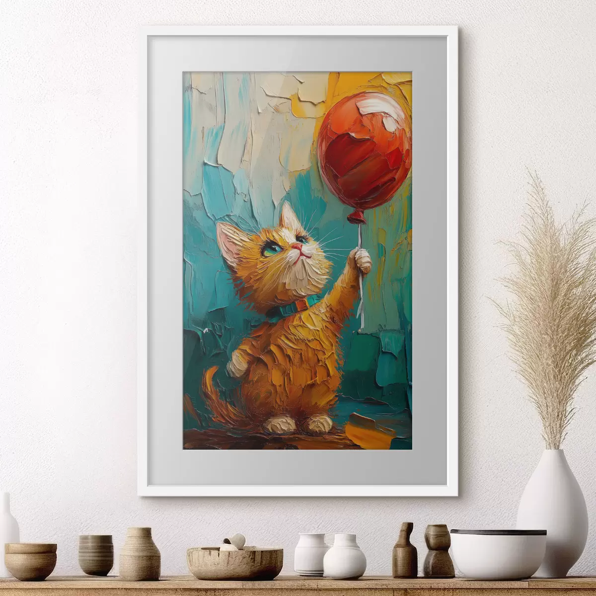 Affiche Chat rouge tenant un ballon dans ses mains, imitation d'une peinture à l'huile f40649
