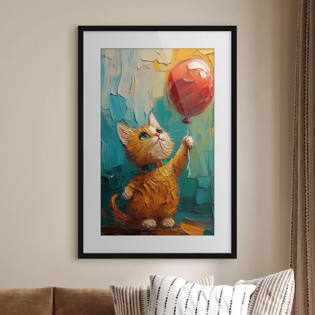 Affiche Chat rouge tenant un ballon dans ses mains, imitation d'une peinture à l'huile f40649