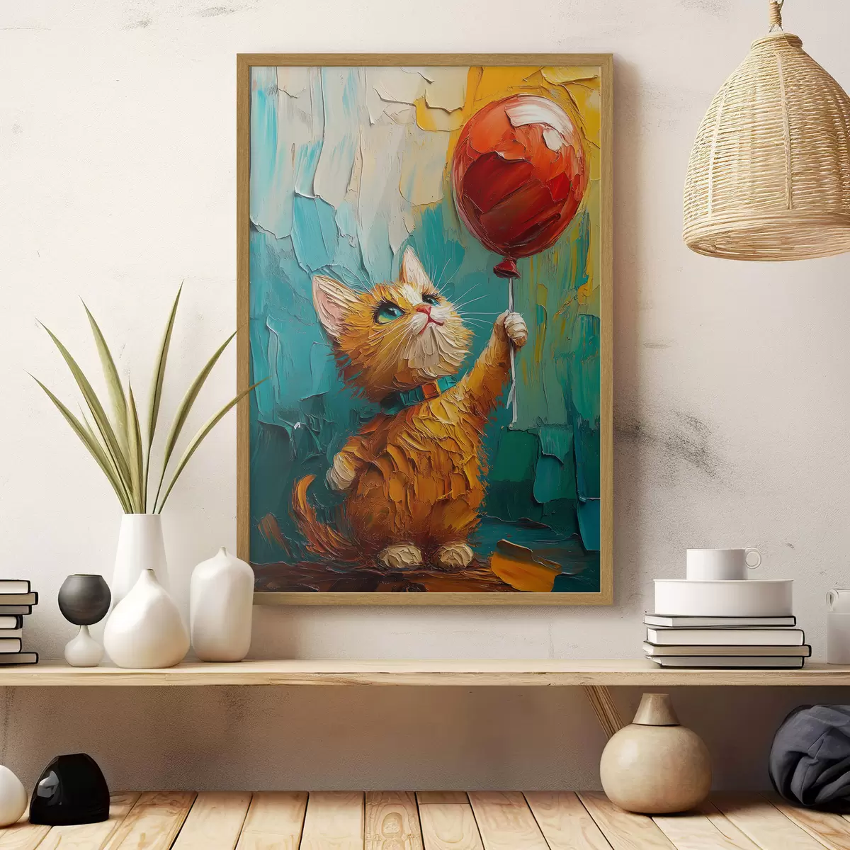 Affiche Chat rouge tenant un ballon dans ses mains, imitation d'une peinture à l'huile f40649