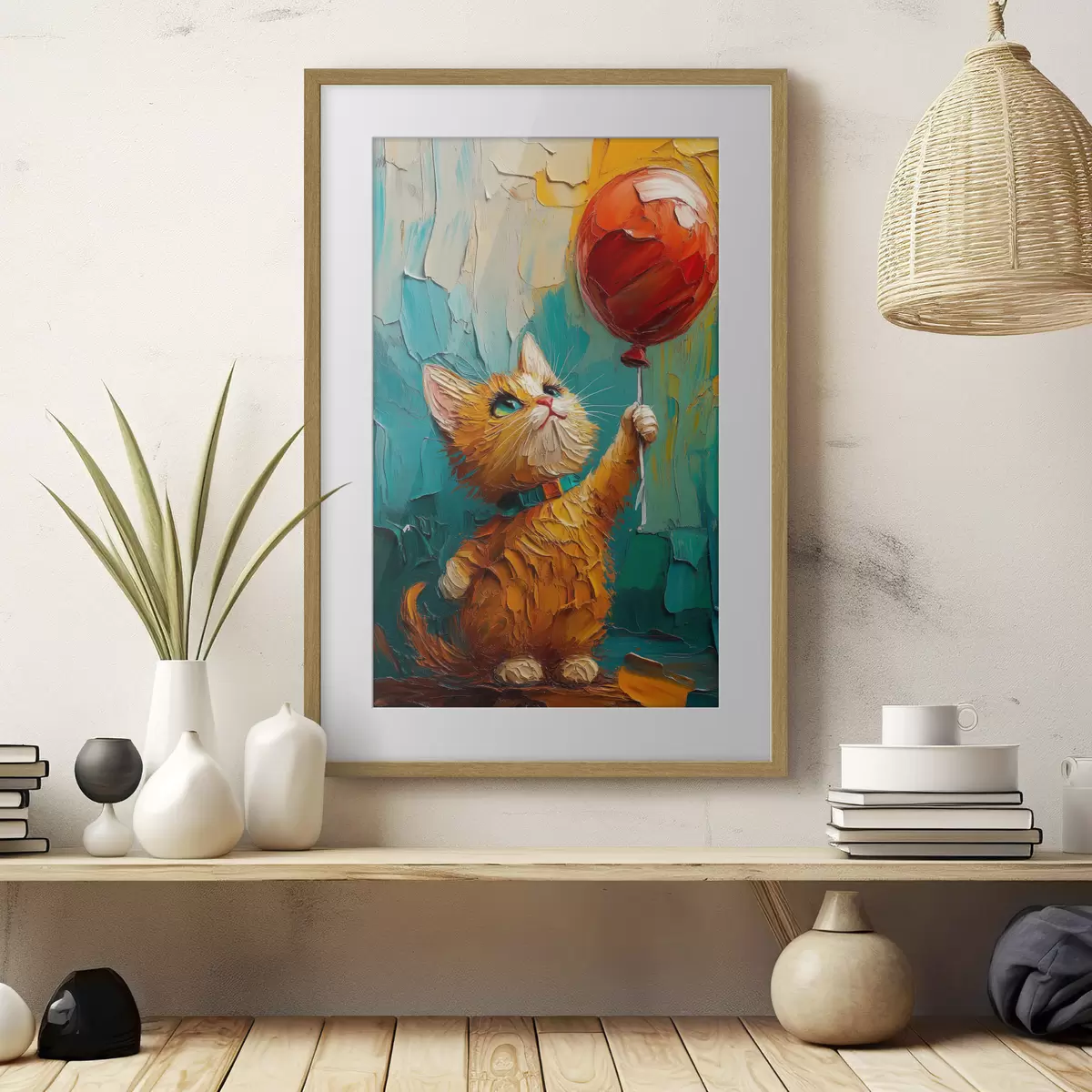 Affiche Chat rouge tenant un ballon dans ses mains, imitation d'une peinture à l'huile f40649