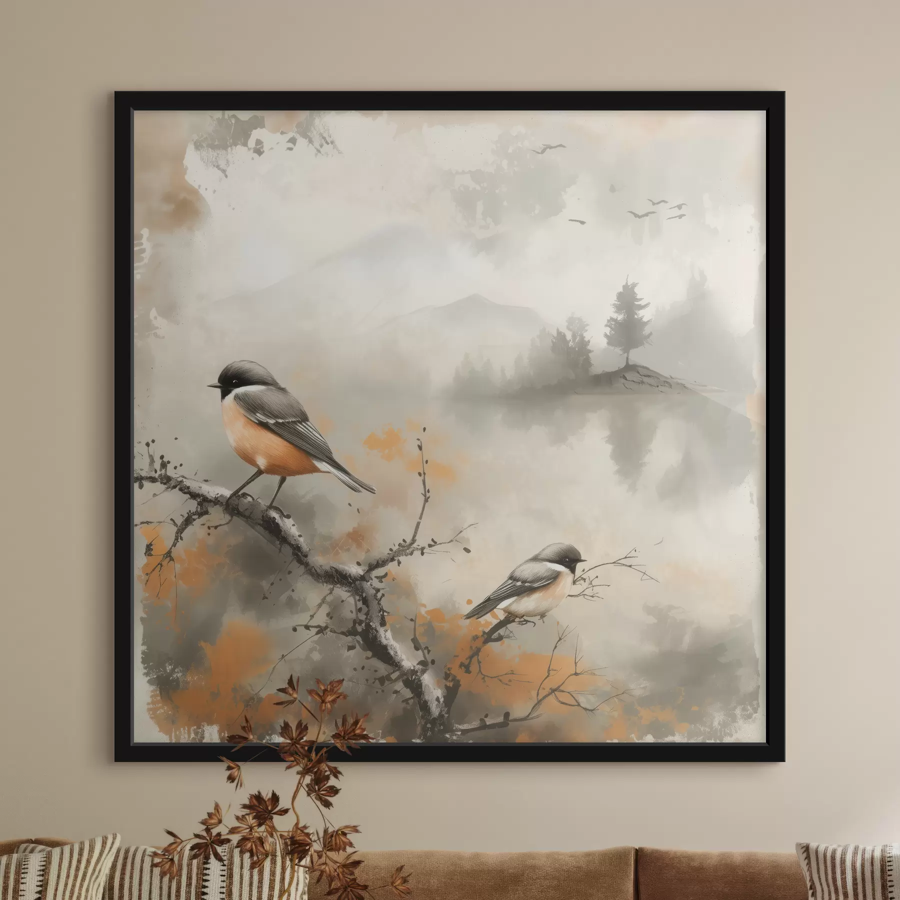  Peintures Paysage aquarelle avec des oiseaux assis sur une branche dans des couleurs pastel f40655