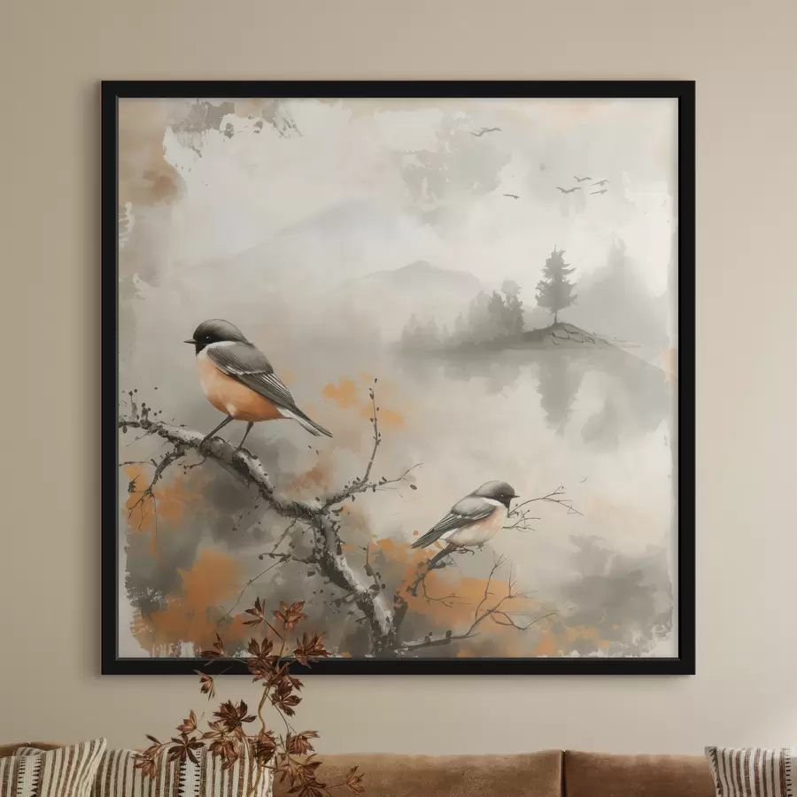 Fotobehang Aquarel landschap met vogels zittend op een tak in pastelkleuren f40655