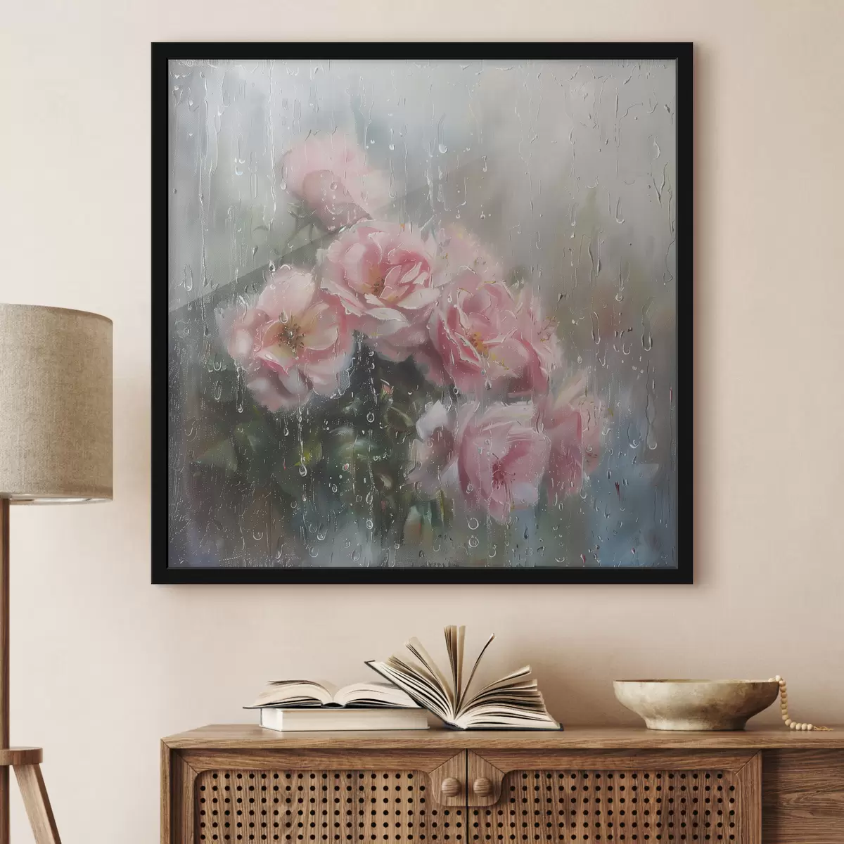 Affiche Un bouquet de roses roses à l'extérieur de la fenêtre par temps pluvieux f40656