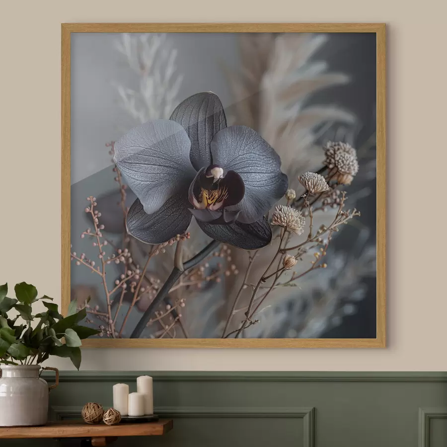 Fotobehang Elegant bloemstuk van zwarte orchidee en andere gedroogde bloemen f40661
