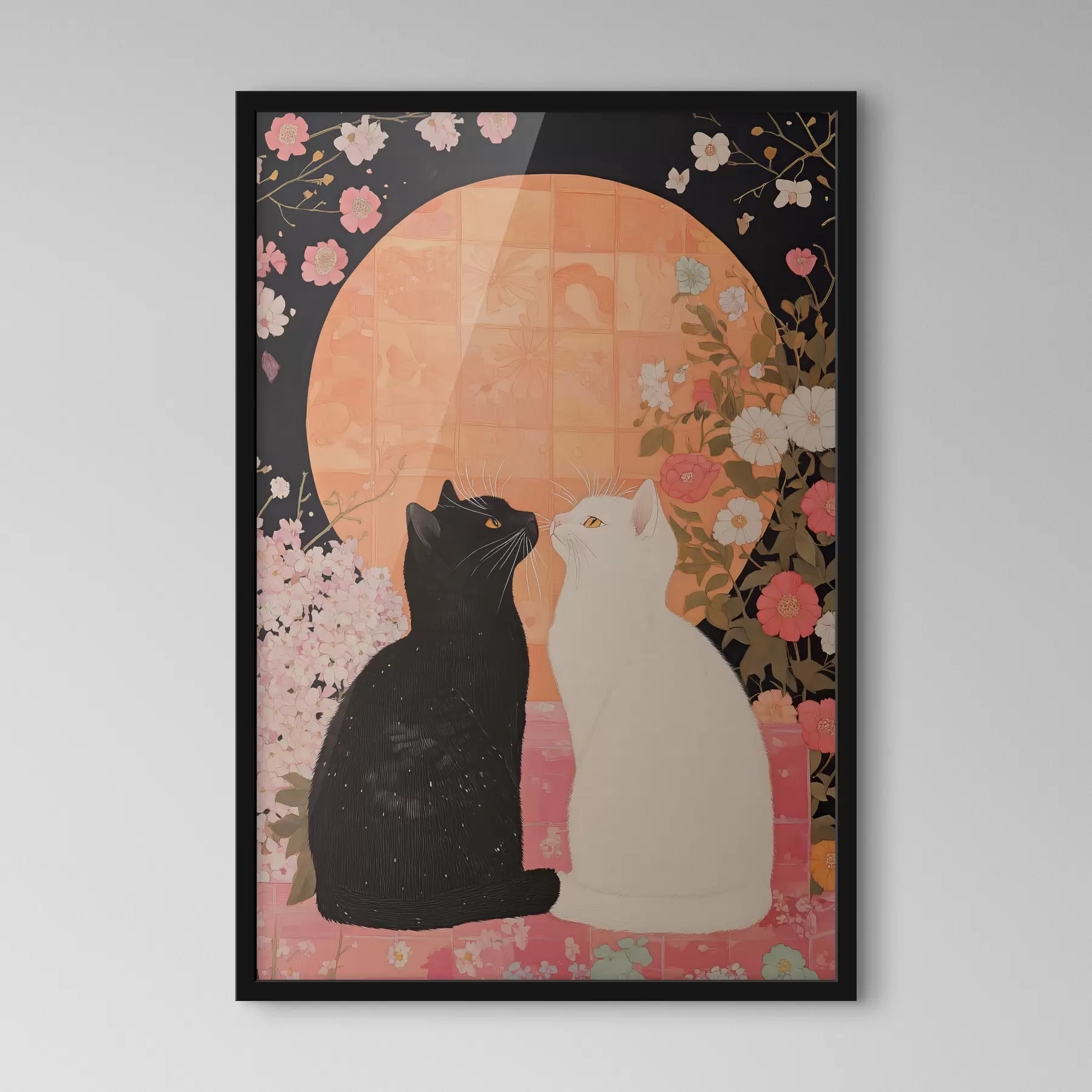  Peintures Chat noir et chat blanc se regardant mutuellement au coucher du soleil f40669
