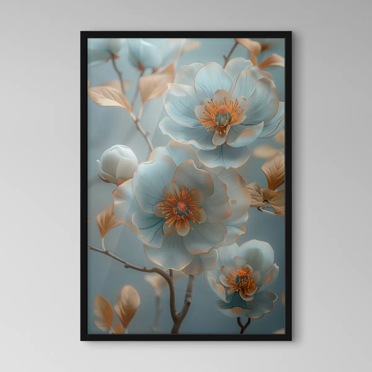 Poster Blauwe pioenrozen met oranje accent f40676