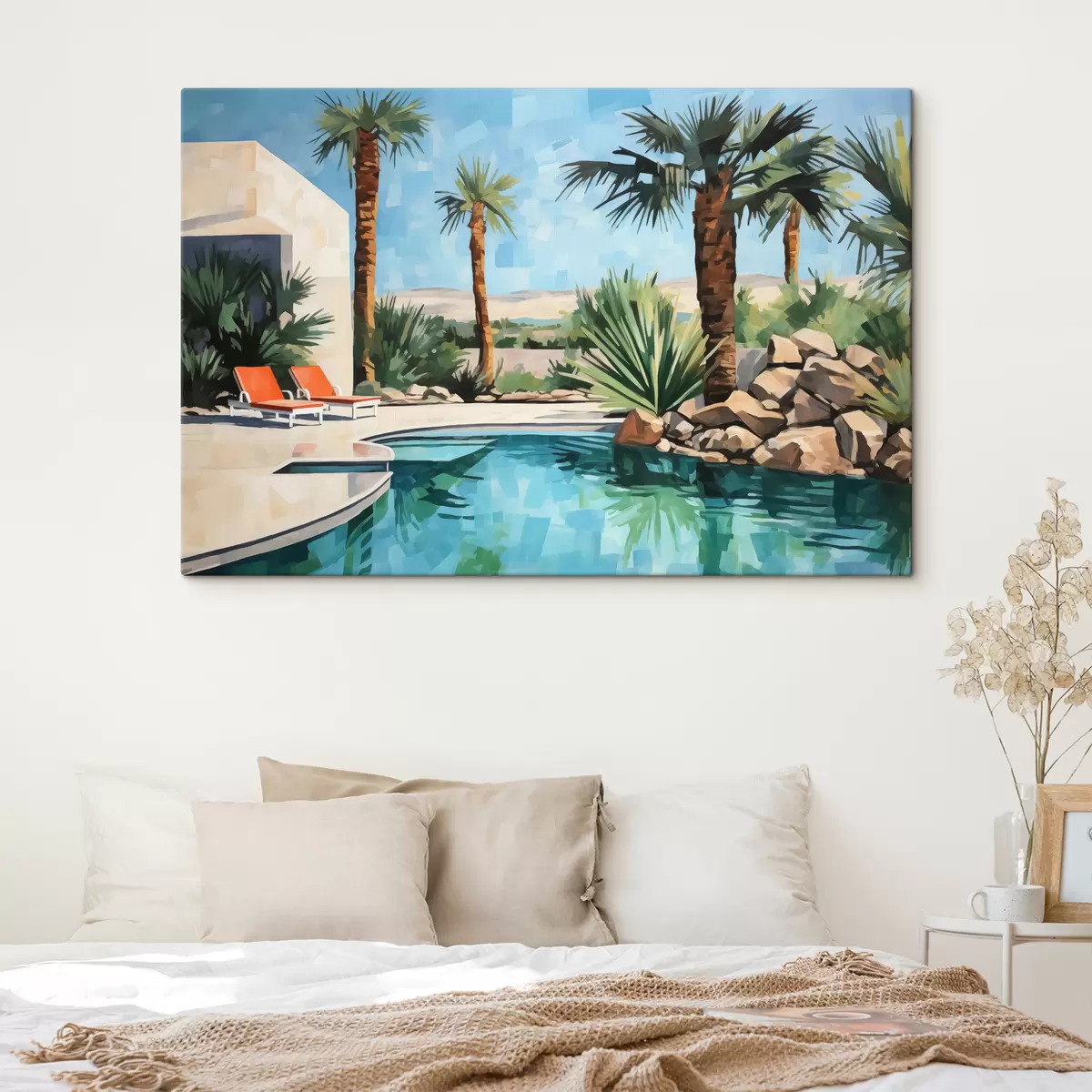  Peintures Palmiers près de l'hôtel avec une piscine près des rochers, couleur bleu, vert, rouge s40748