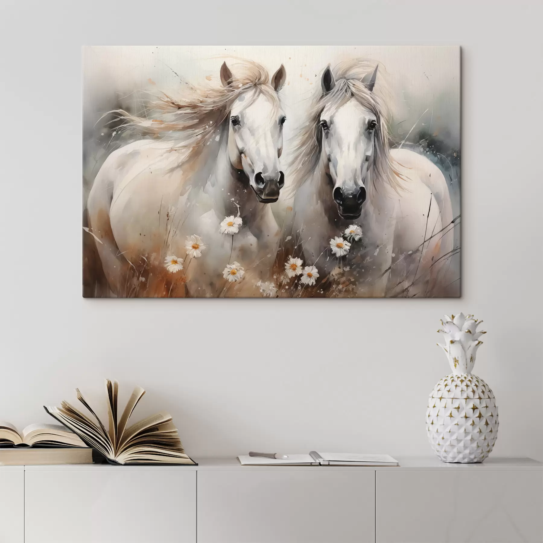 Fotobehang Een paar witte en grijze paarden bij madeliefjes s40749