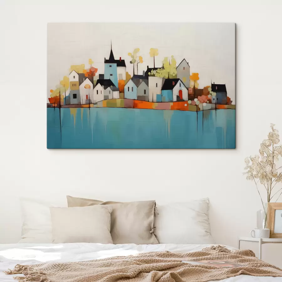  Peintures Ville abstraite et maisons, couleur bleu, jaune, rouge s40751