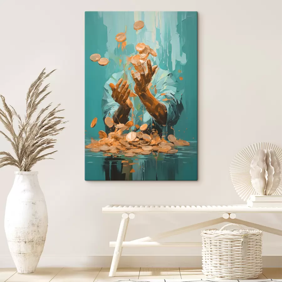  Schilderijen Abstract schilderij van een man omringd door munten s40755