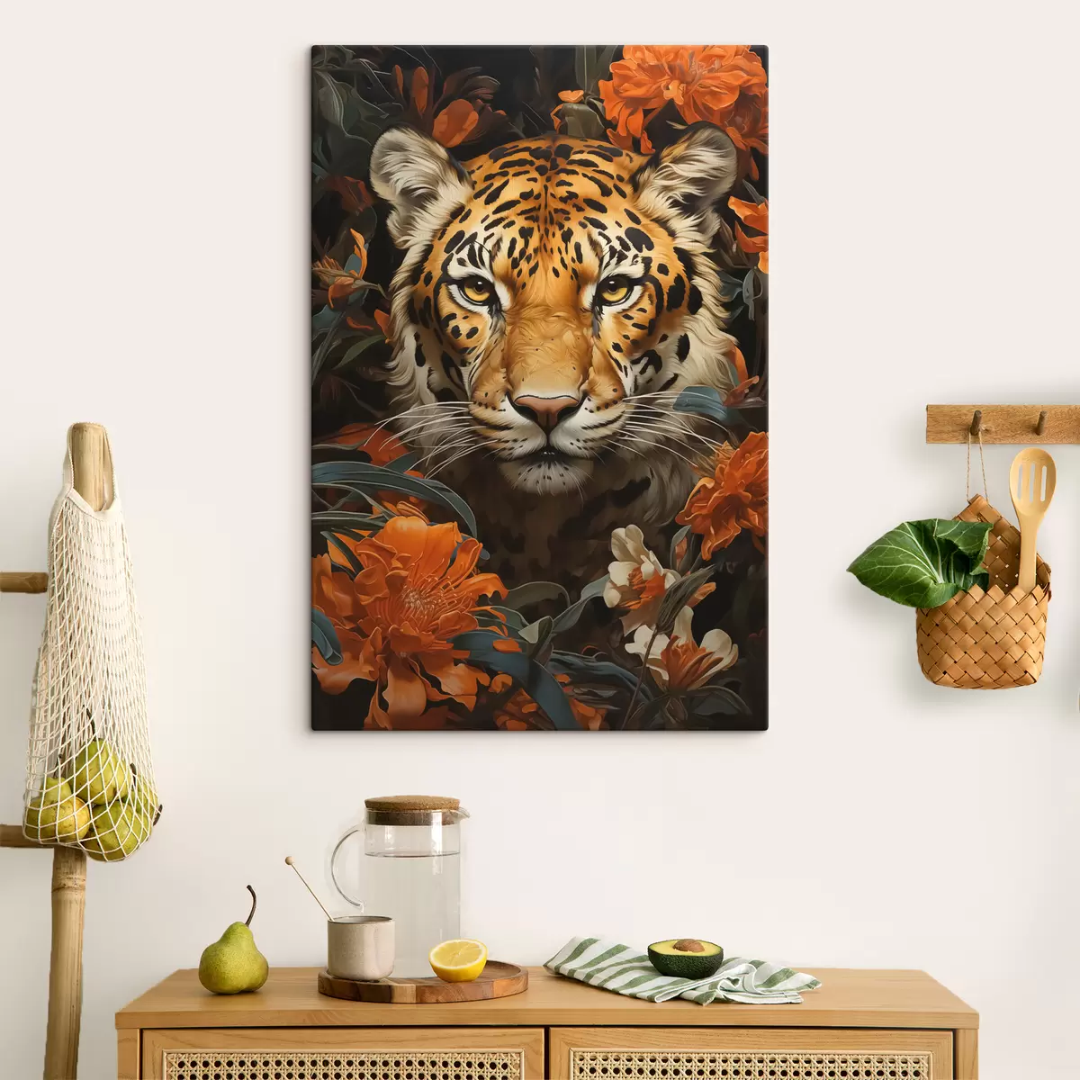  Schilderijen Portret van een tijger omringd door tropische bloemen s40757