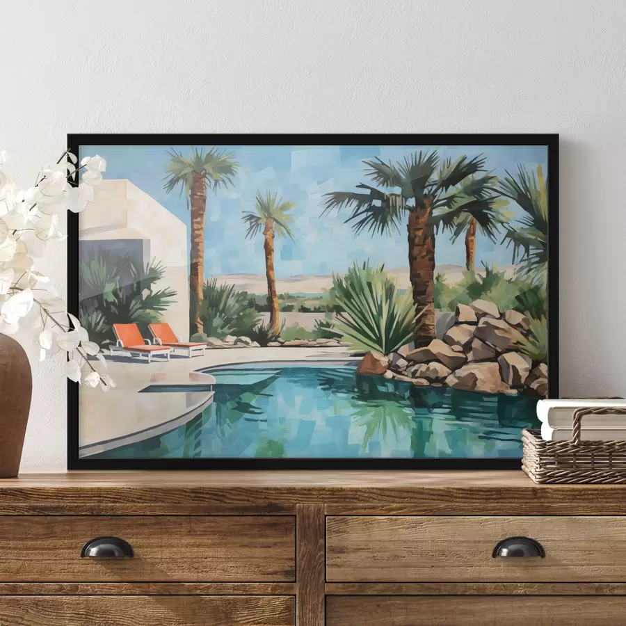 Fotobehang Palmbomen bij het hotel met een zwembad bij de rotsen, blauwe, groene, rode kleur f40748