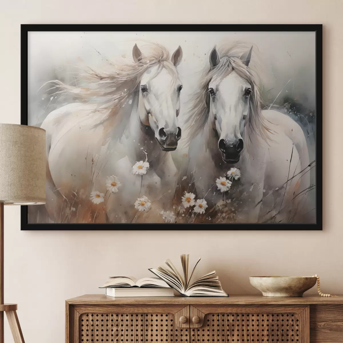 Poster Een paar witte en grijze paarden bij madeliefjes f40749