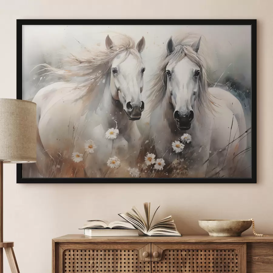 Papier peint photo Une paire de chevaux blancs et gris près de marguerites f40749