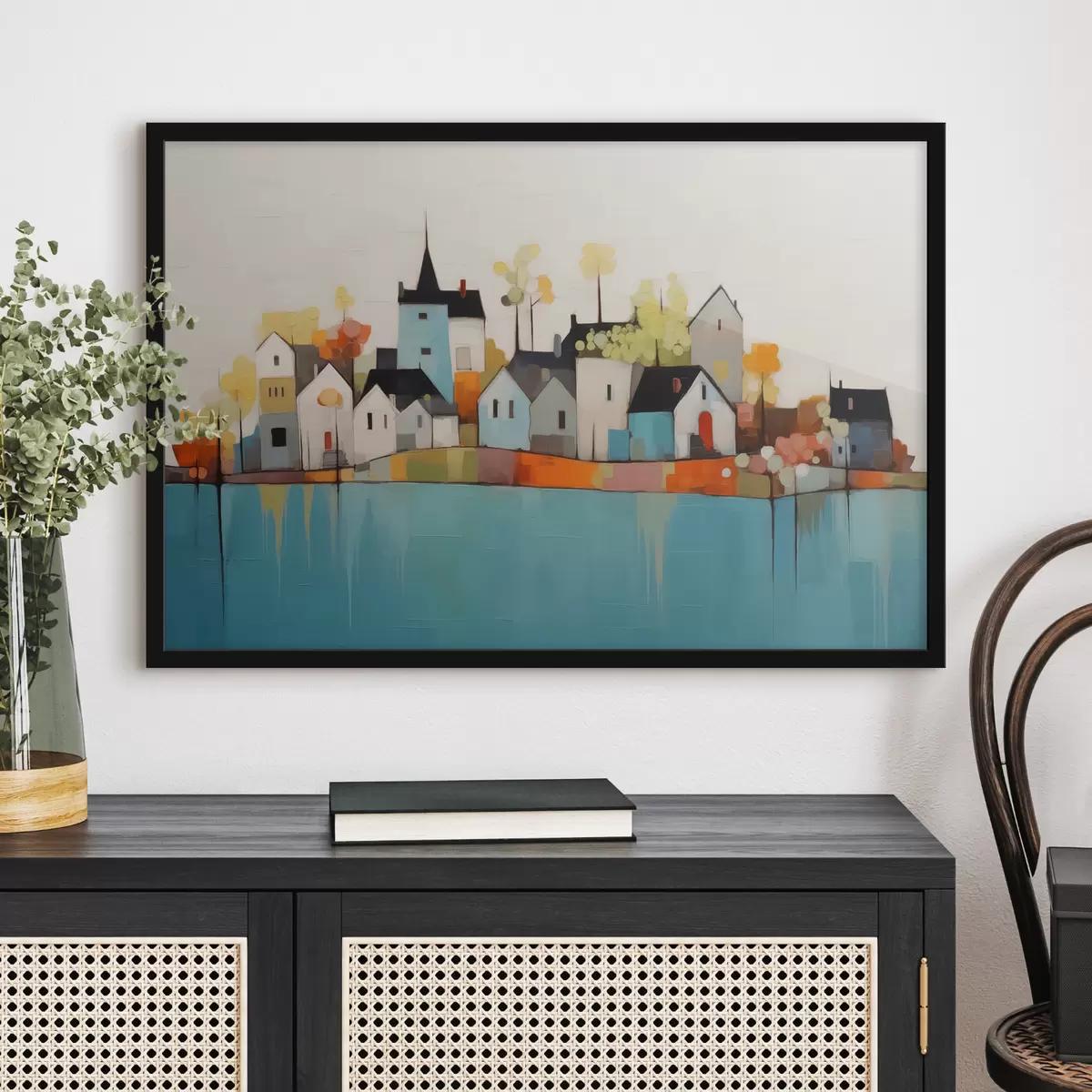 Poster Abstracte stad en huizen, blauw, geel, rode kleur f40751