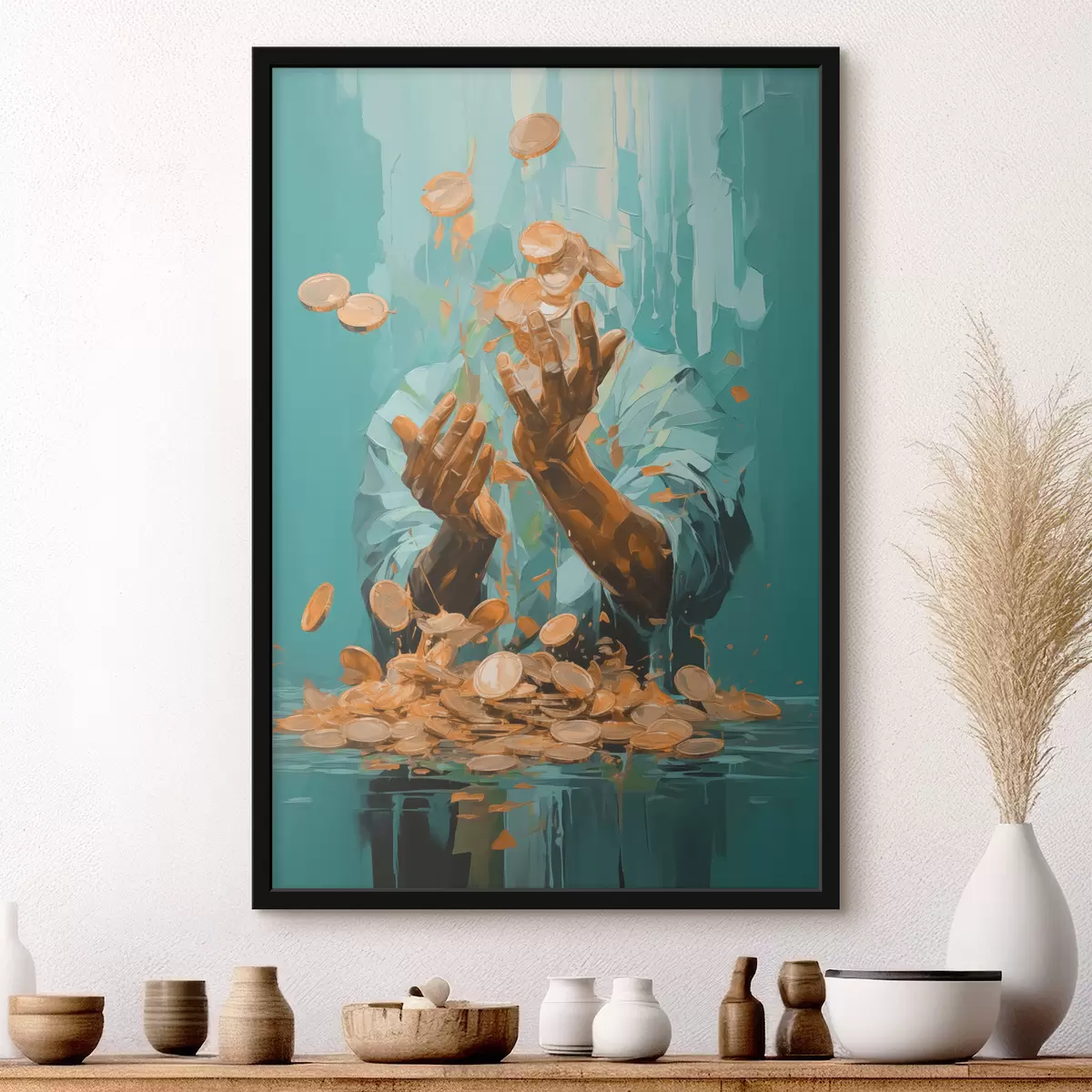 Poster Abstract schilderij van een man omringd door gouden munten f40755