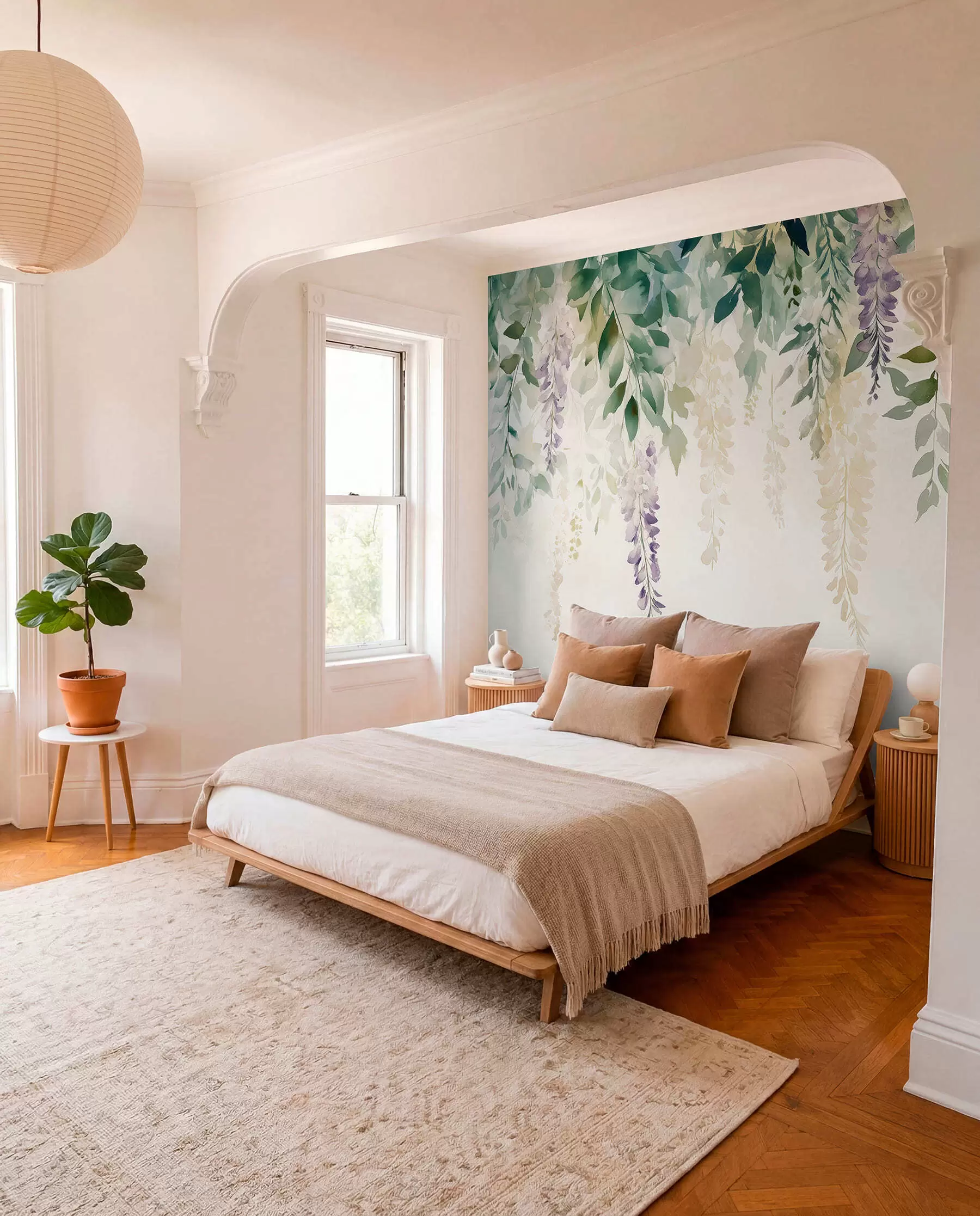 Fotobehang Wisteria bloem ornament, bloemen, aquarel, natuurlijke kleuren w01545