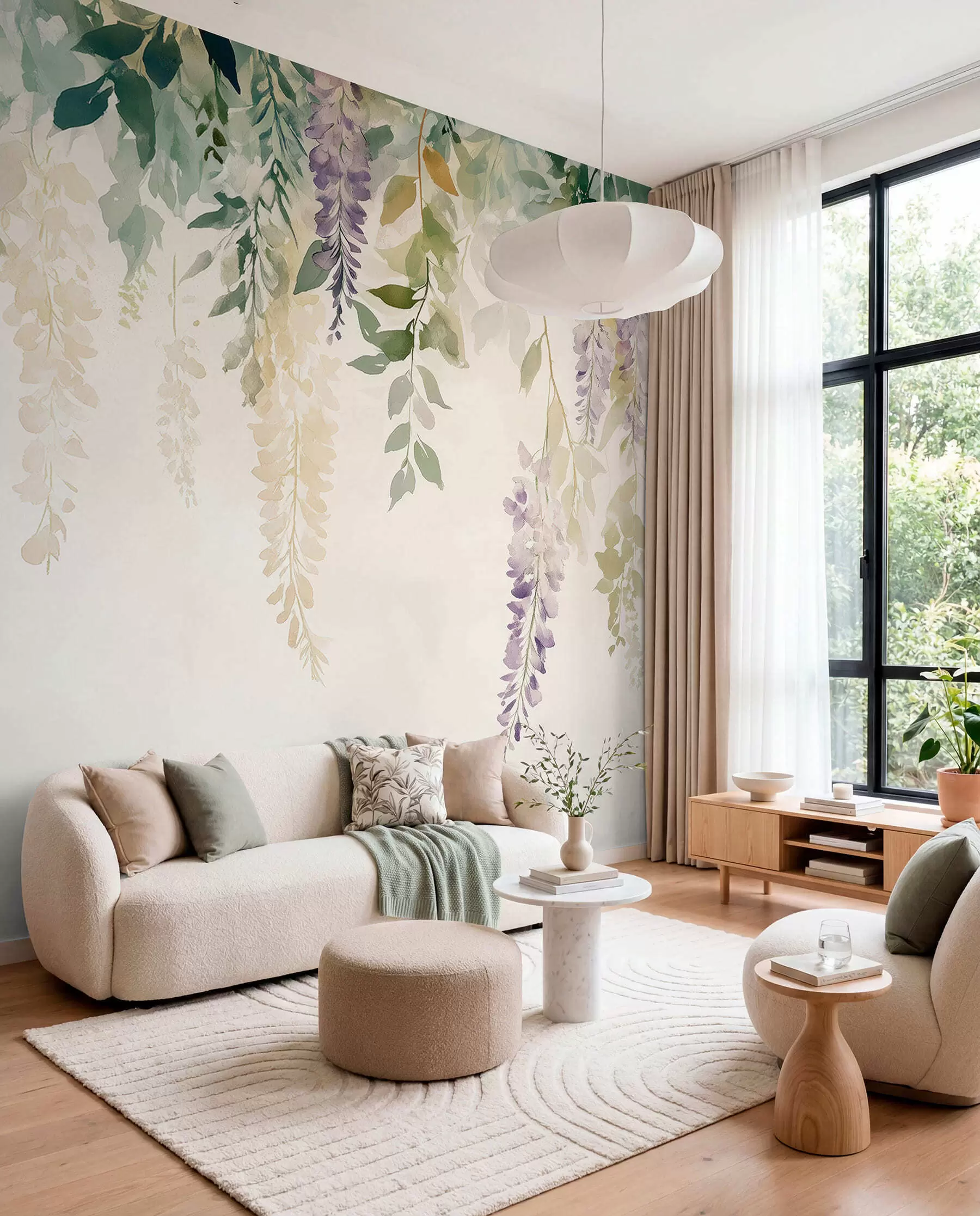 Fotobehang Wisteria bloem ornament, bloemen, aquarel, natuurlijke kleuren w01545