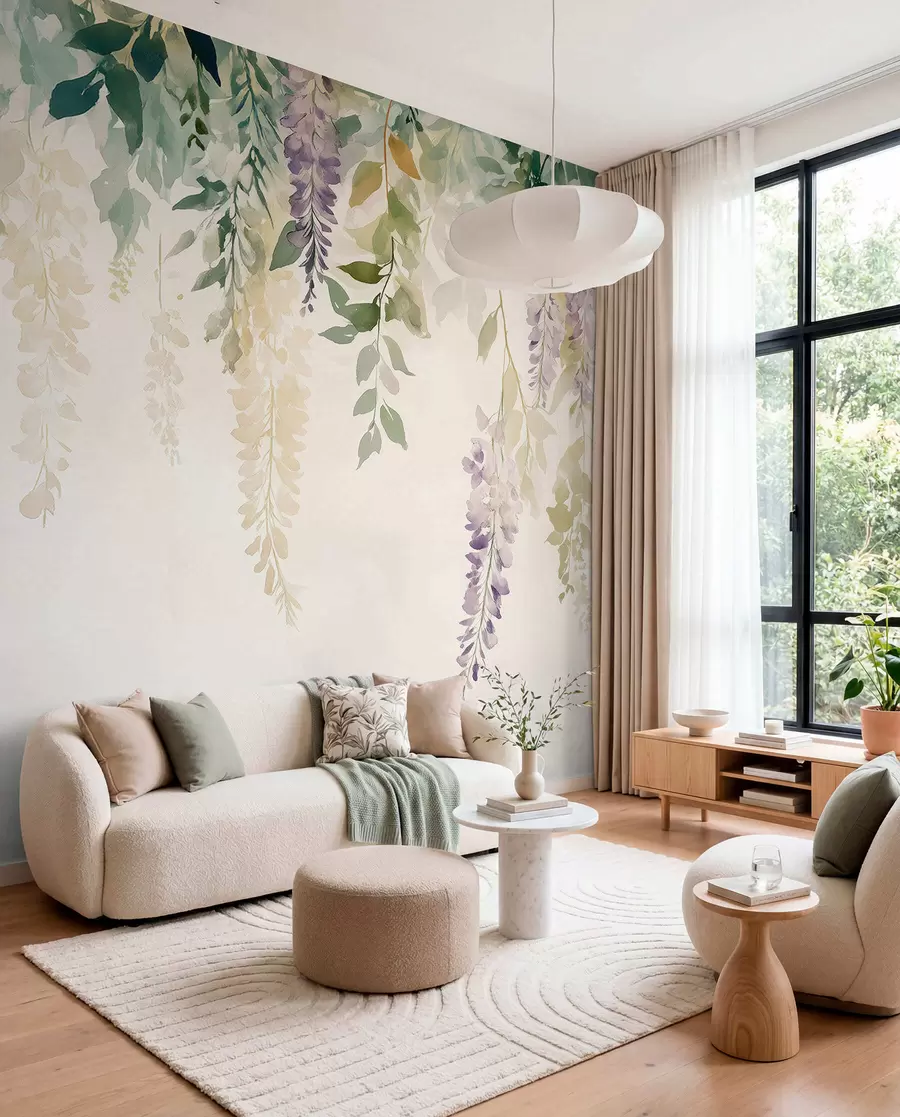 Fotobehang Wisteria bloem ornament, bloemen, aquarel, natuurlijke kleuren w01545