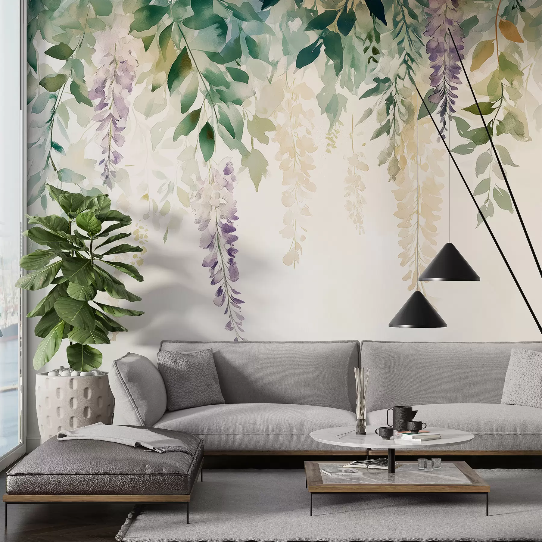 Fotobehang Wisteria bloem ornament, bloemen, aquarel, natuurlijke kleuren w01545