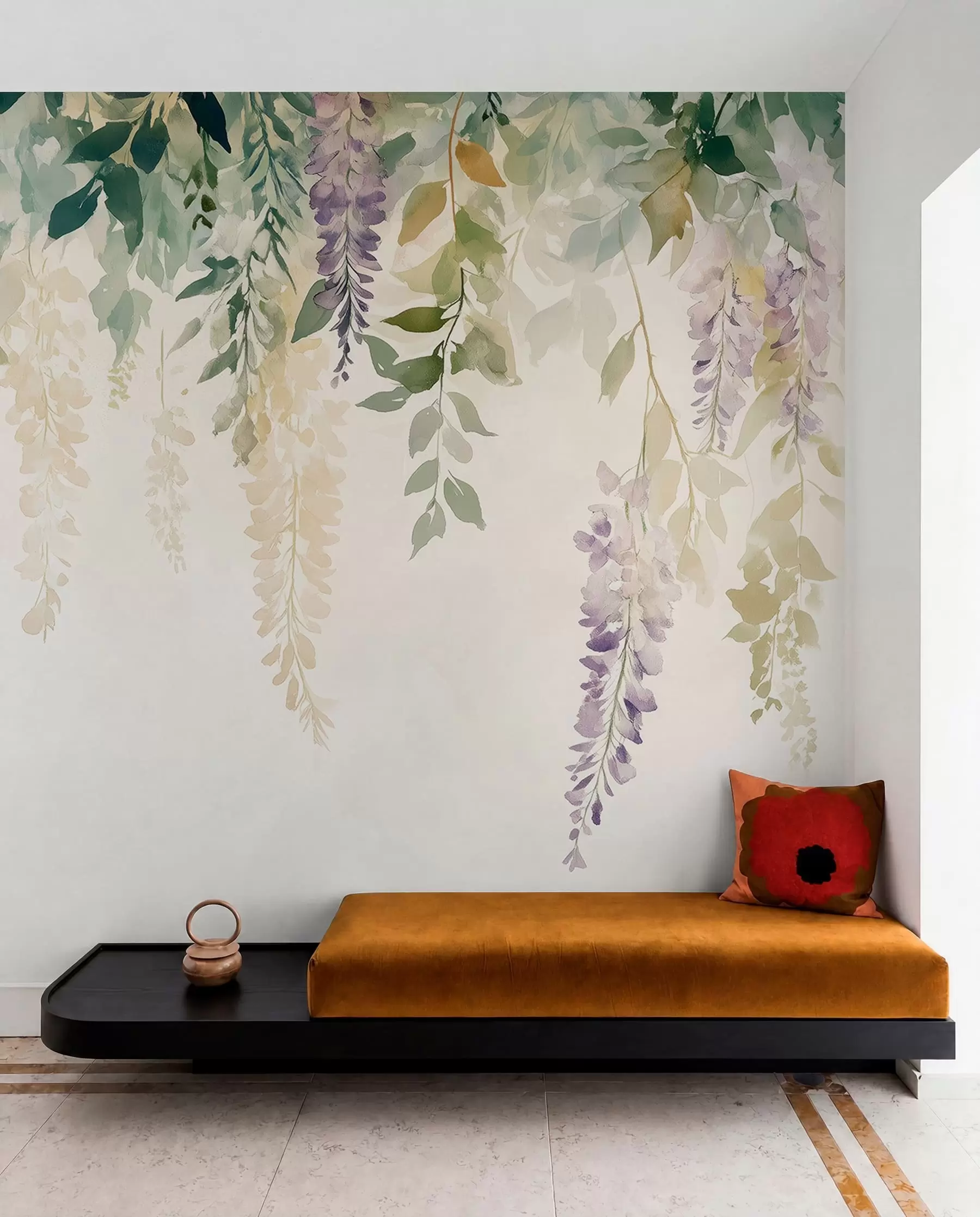 Papier peint photo Ornement de fleur de glycine, floral, aquarelle, couleurs naturelles w01545
