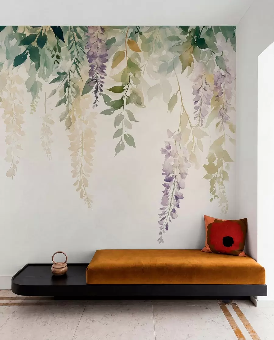 Fotobehang Wisteria bloem ornament, bloemen, aquarel, natuurlijke kleuren w01545