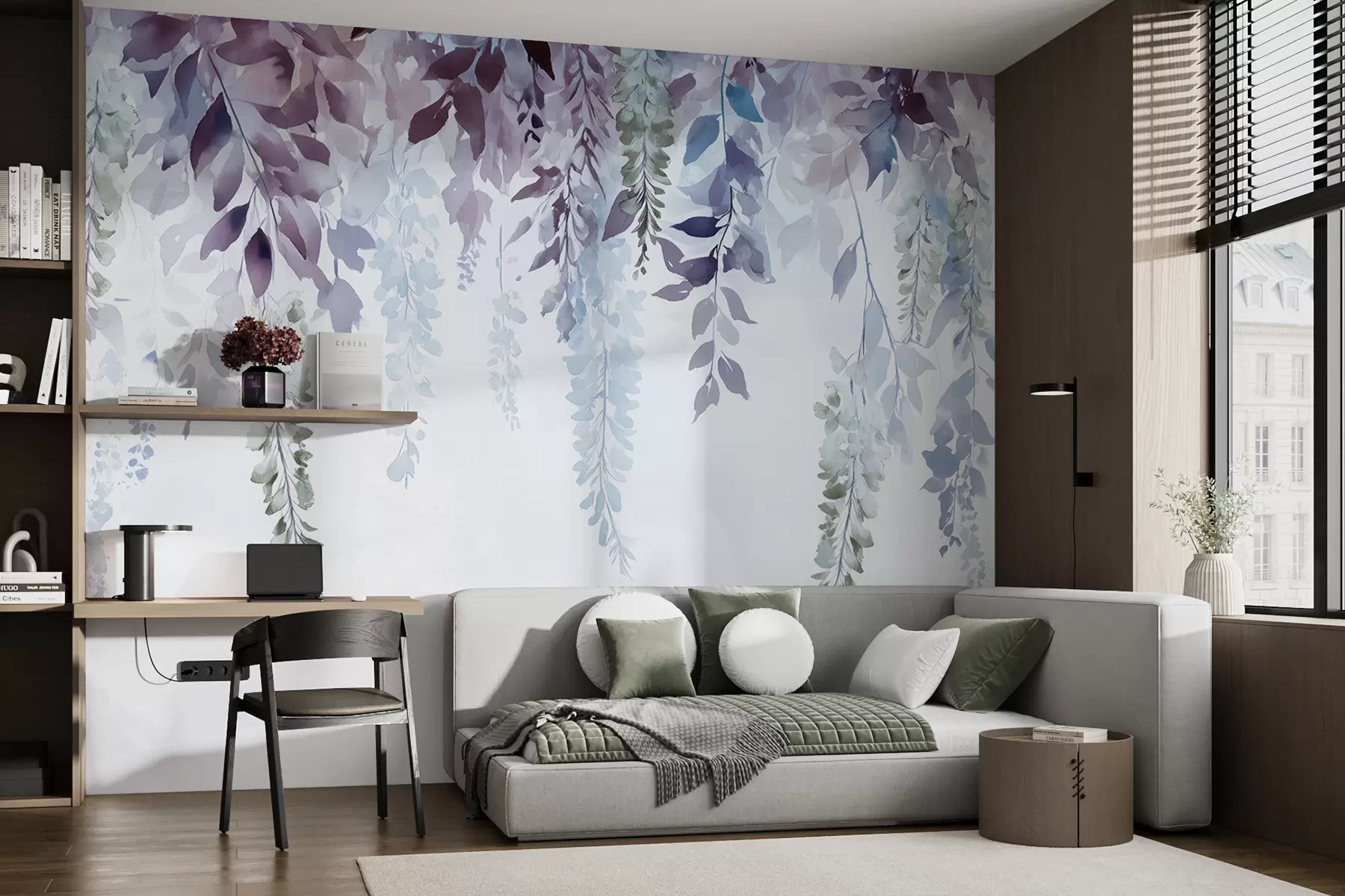 Fotobehang Wisteria bloem ornament, bloemig, aquarel, blauwe en paarse kleuren w01545v1