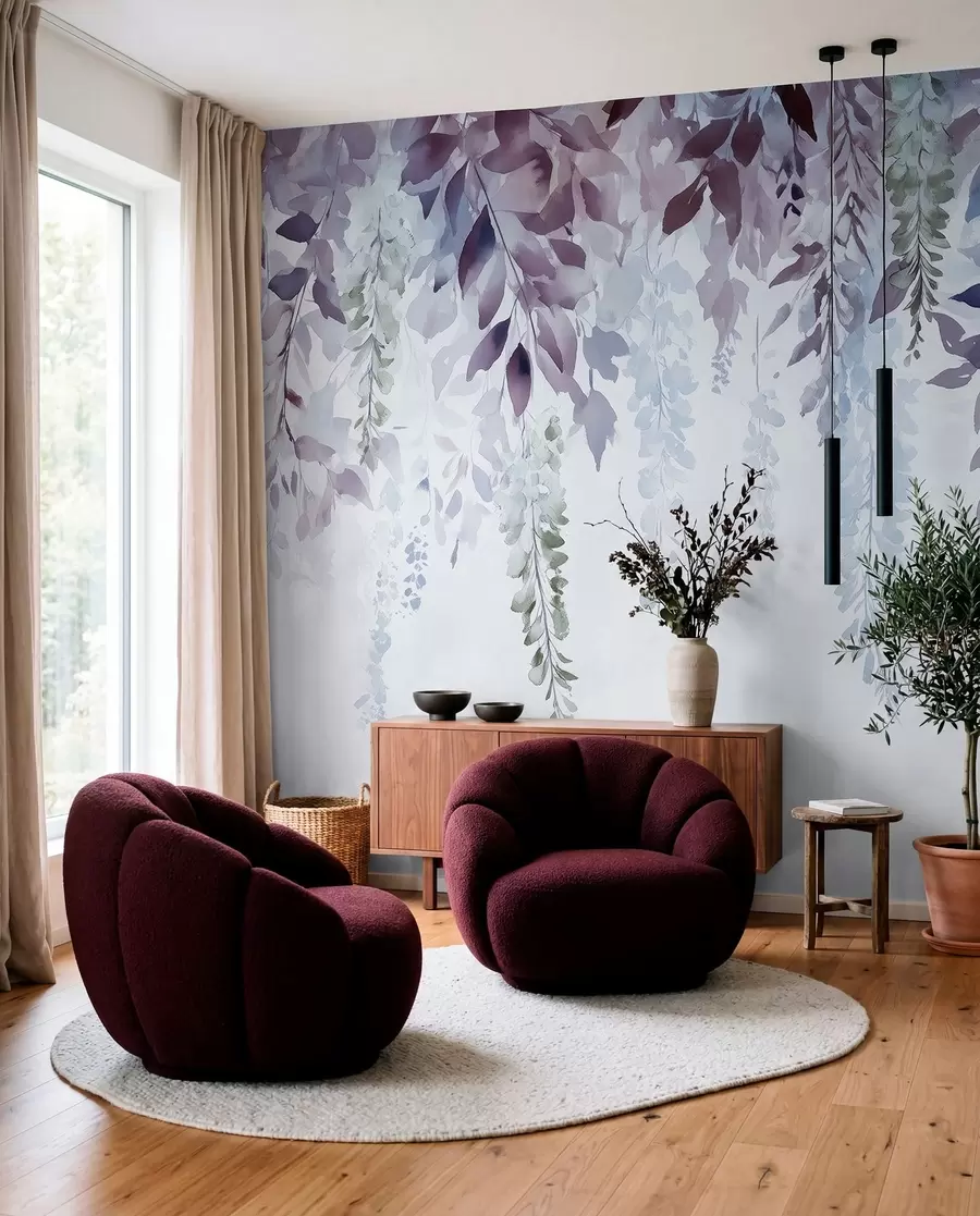 Fotobehang Wisteria bloem ornament, bloemig, aquarel, blauwe en paarse kleuren w01545v1