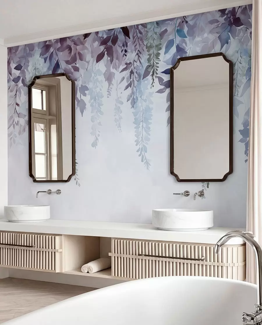 Fotobehang Wisteria bloem ornament, bloemig, aquarel, blauwe en paarse kleuren w01545v1