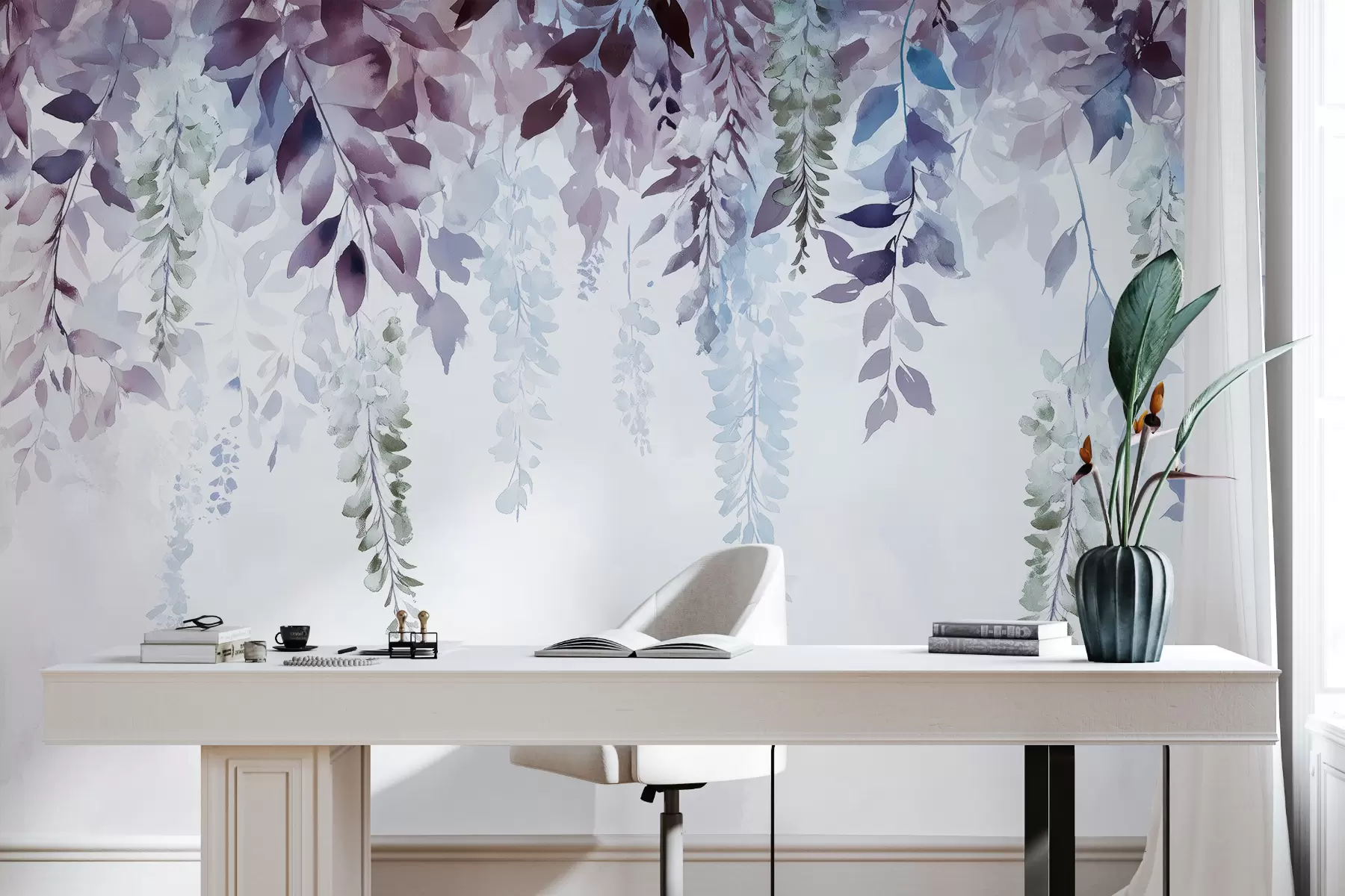 Fotobehang Wisteria bloem ornament, bloemig, aquarel, blauwe en paarse kleuren w01545v1