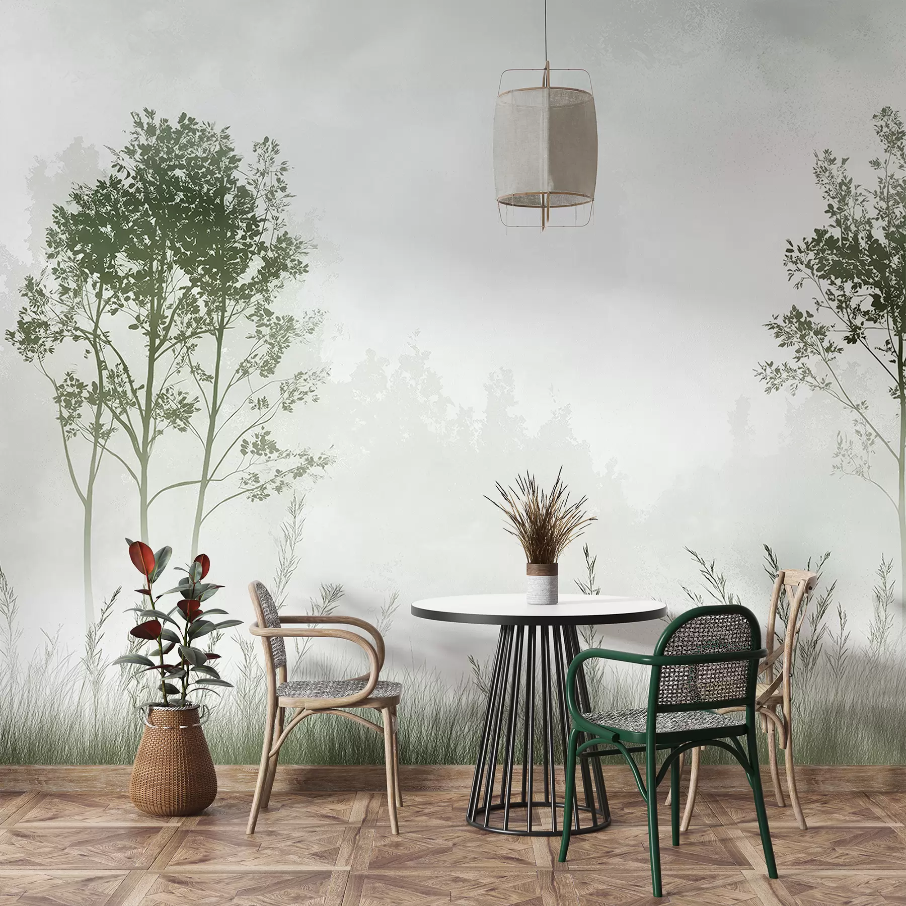 Fotobehang Mistig bos, natuurlijke landschappen, weide, bomen, groene kleur w01547v2
