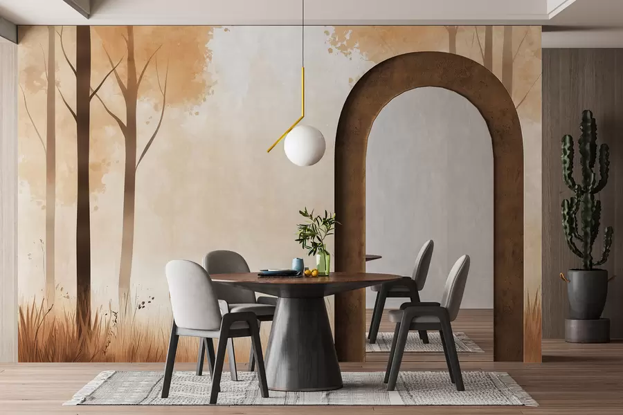 Fotobehang Aquarel bos, mist, bomen, gras, natuurlijk landschap, beige kleur w01563