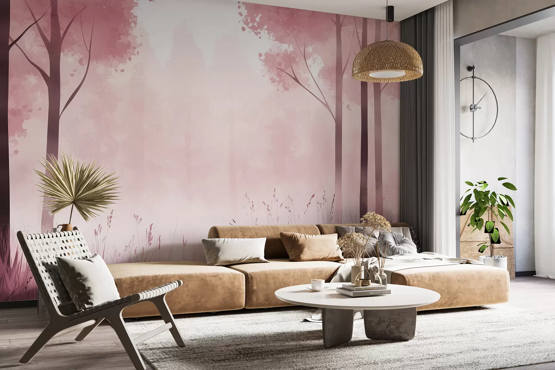 Papier peint photo Aquarelle forêt, brouillard, arbres, herbe, paysage naturel, couleur rose w01563v1