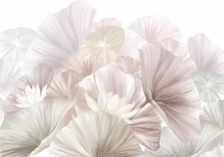Papier peint photo Délicates feuilles de lotus roses et fleurs blanches aux pétales souples et plumeux disposées dans une composition artistique naturelle w08265v1