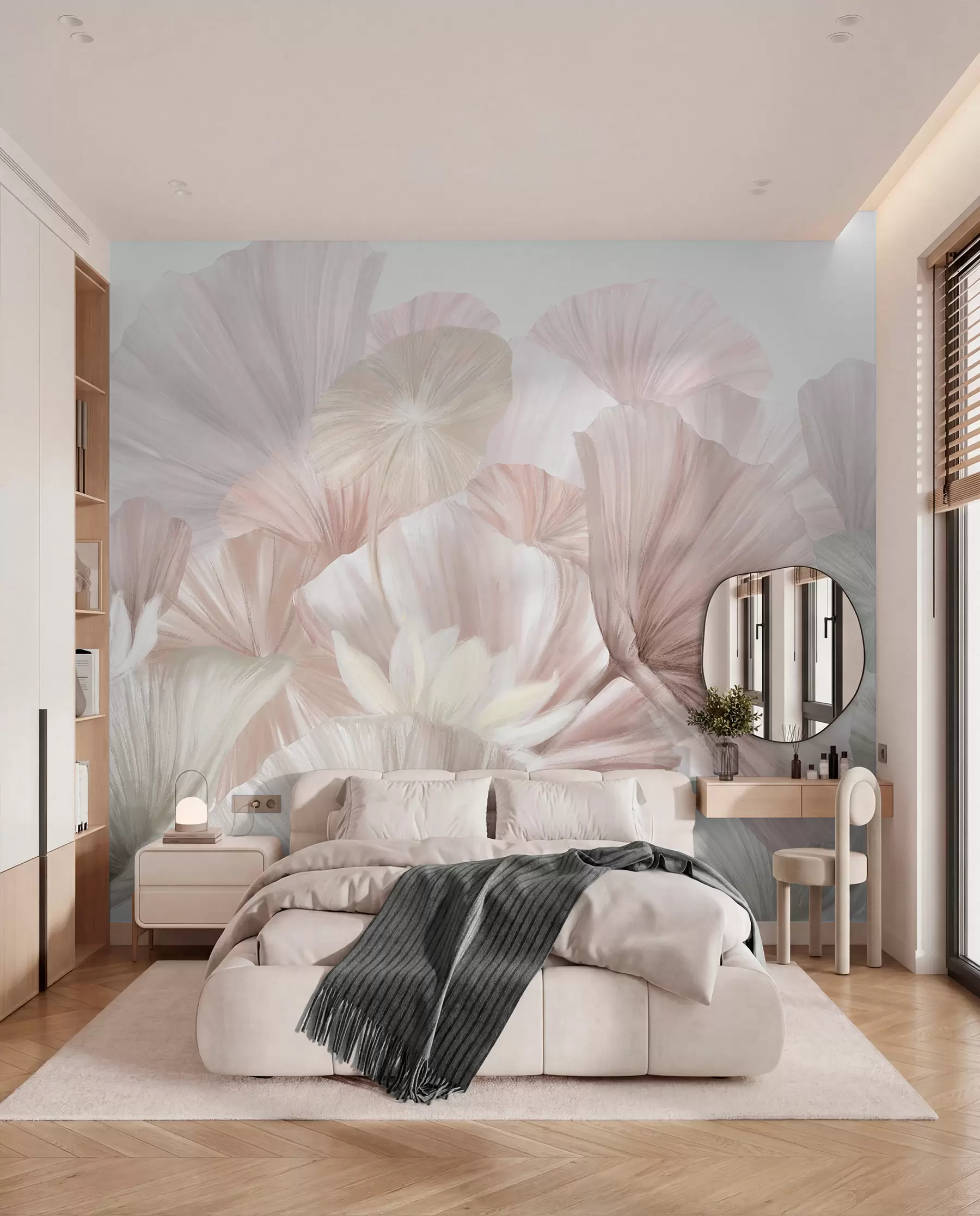 Fotobehang Delicate roze lotusblaadjes met witte bloemen met zachte, vederlichte bloemblaadjes, gerangschikt in een natuurlijke kunstcompositie w08265v1