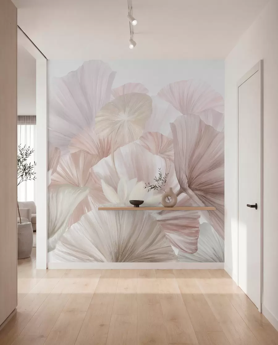 Fotobehang Delicate roze lotusblaadjes met witte bloemen met zachte, vederlichte bloemblaadjes, gerangschikt in een natuurlijke kunstcompositie w08265v1