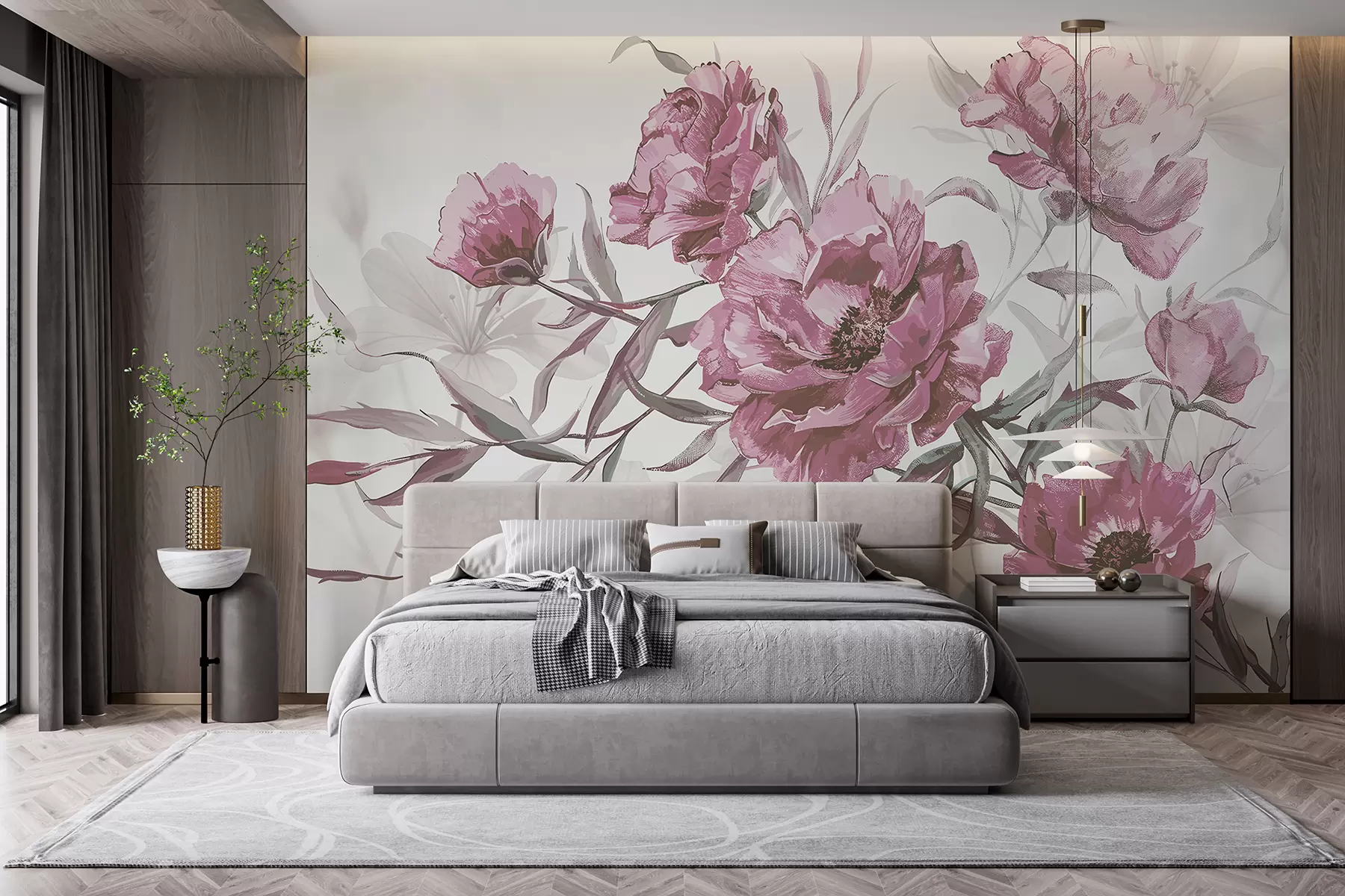 Fotobehang Roze pioenrozen schilderij met weelderig gebladerte tegen een lichte abstracte achtergrond w08274