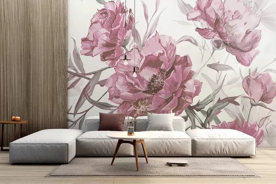 Fotobehang Roze pioenrozen schilderij met weelderig gebladerte tegen een lichte abstracte achtergrond w08274