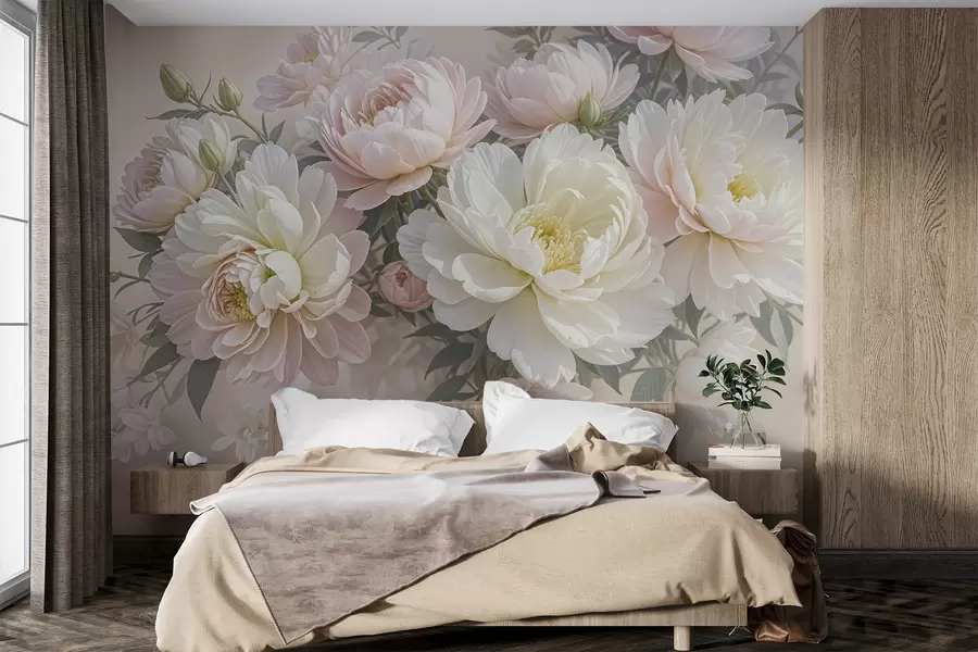Papier peint photo Un bouquet de pivoines et d'autres fleurs luxuriantes aux couleurs pastel sur un fond doux et flou w08276