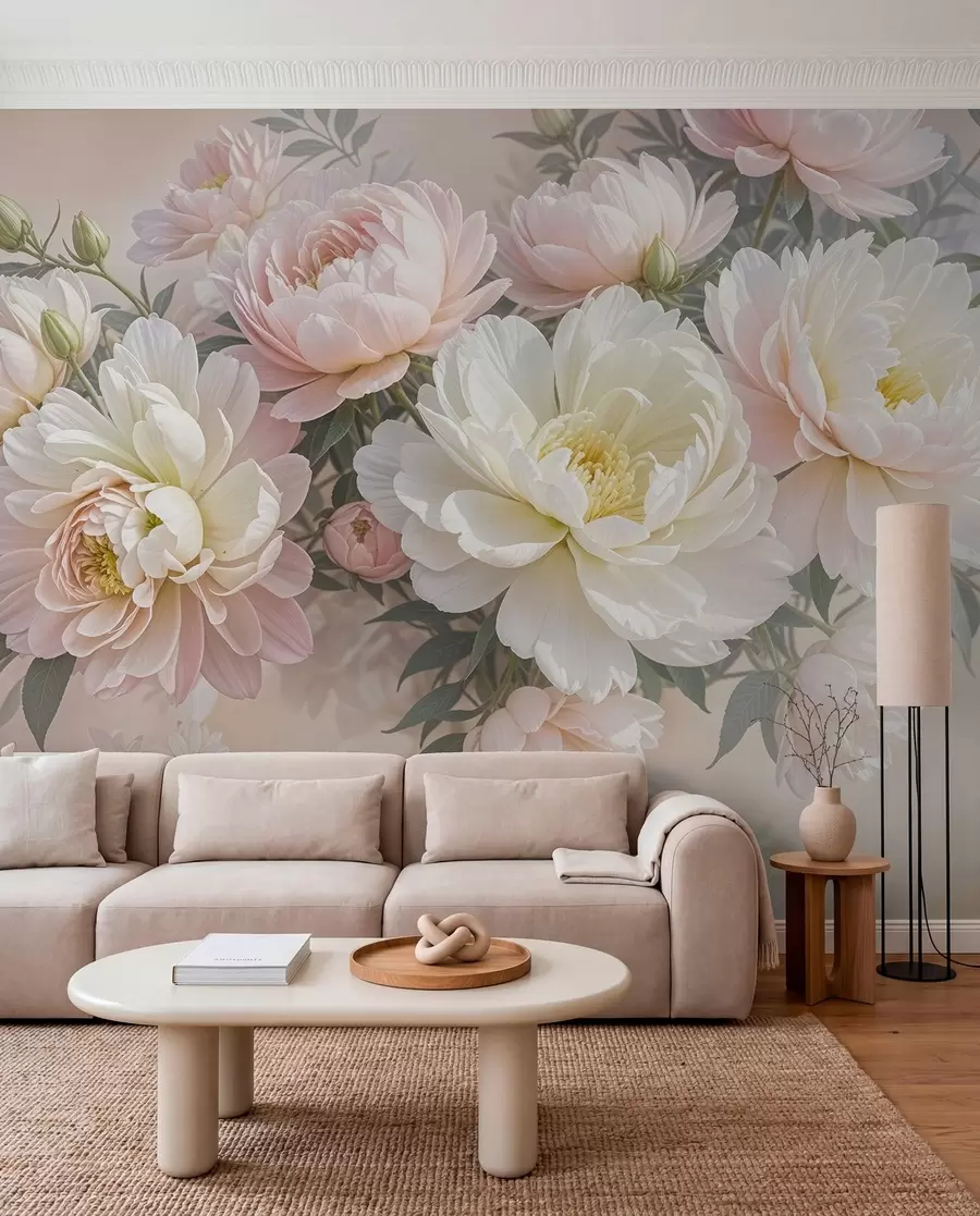 Fotobehang Een boeket weelderige, pastelkleurige pioenrozen en andere bloemen tegen een zachte, onscherpe achtergrond w08276