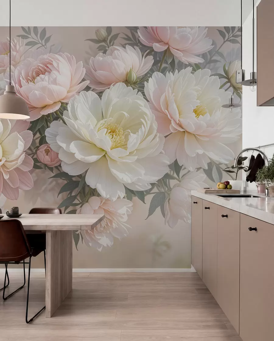 Papier peint photo Un bouquet de pivoines et d'autres fleurs luxuriantes aux couleurs pastel sur un fond doux et flou w08276