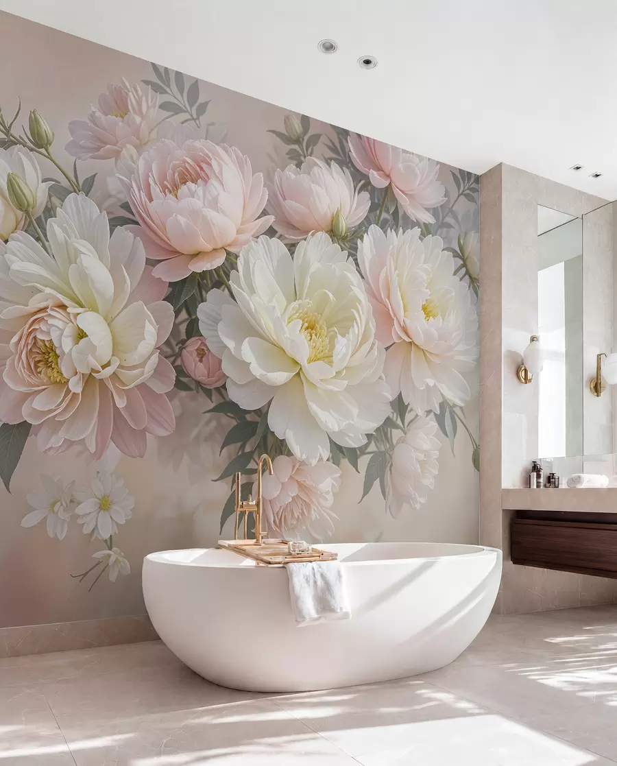 Fotobehang Een boeket weelderige, pastelkleurige pioenrozen en andere bloemen tegen een zachte, onscherpe achtergrond w08276