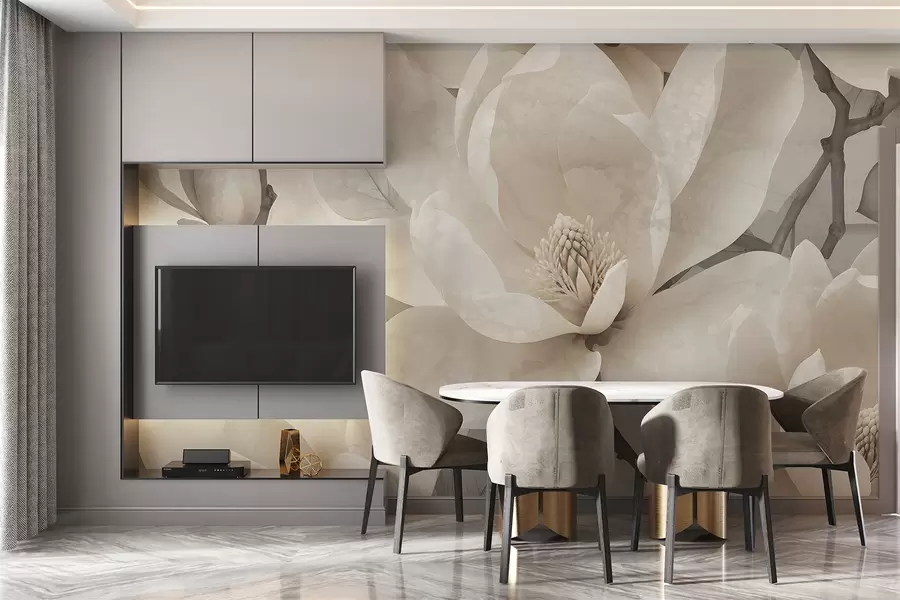 Fotobehang Witte magnolia bloemen in volle bloei, met zachte, delicate bloemblaadjes en een texturale natuurlijke achtergrond w08278