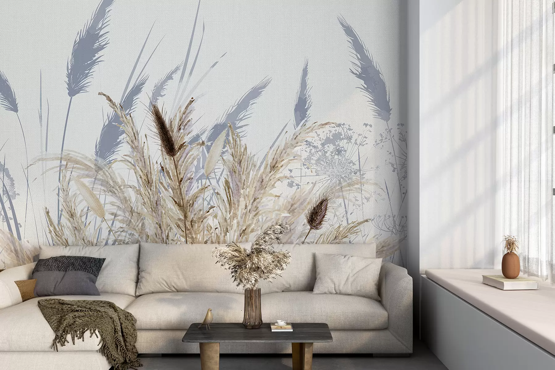 Fotobehang Hoge stengels tarwe en gras met pluizige witte pluimen tegen een lichte achtergrond w08282