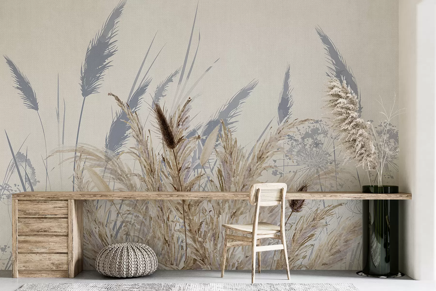 Fotobehang Hoge stengels tarwe en gras met pluizige witte pluimen tegen een lichte achtergrond w08282