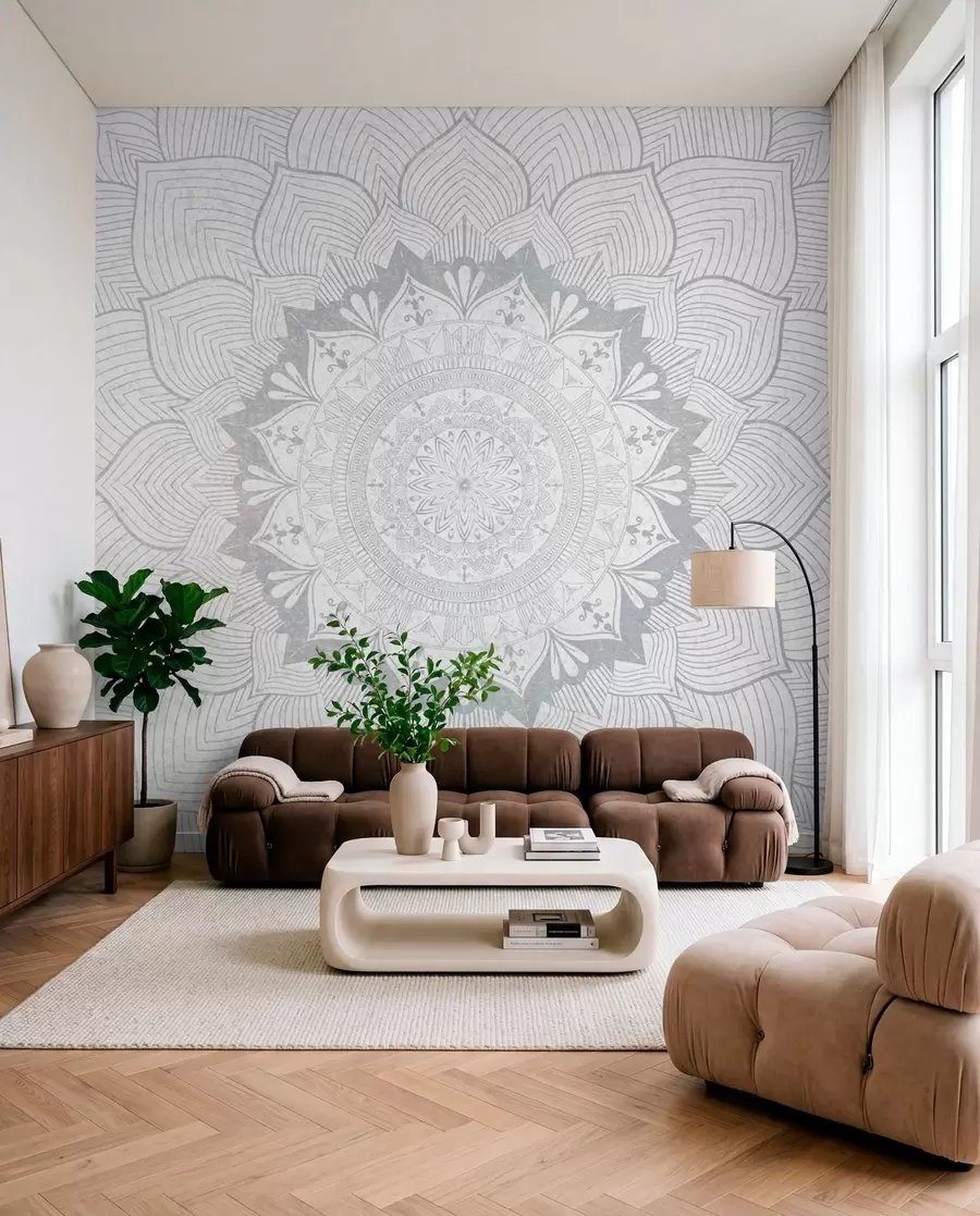 Fotobehang Ronde mandala, behang voor yogaruimte of om persoonlijke ruimte te harmoniseren. Muurmandala in grijstinten op een heterogene achtergrond met structuur w01088v2