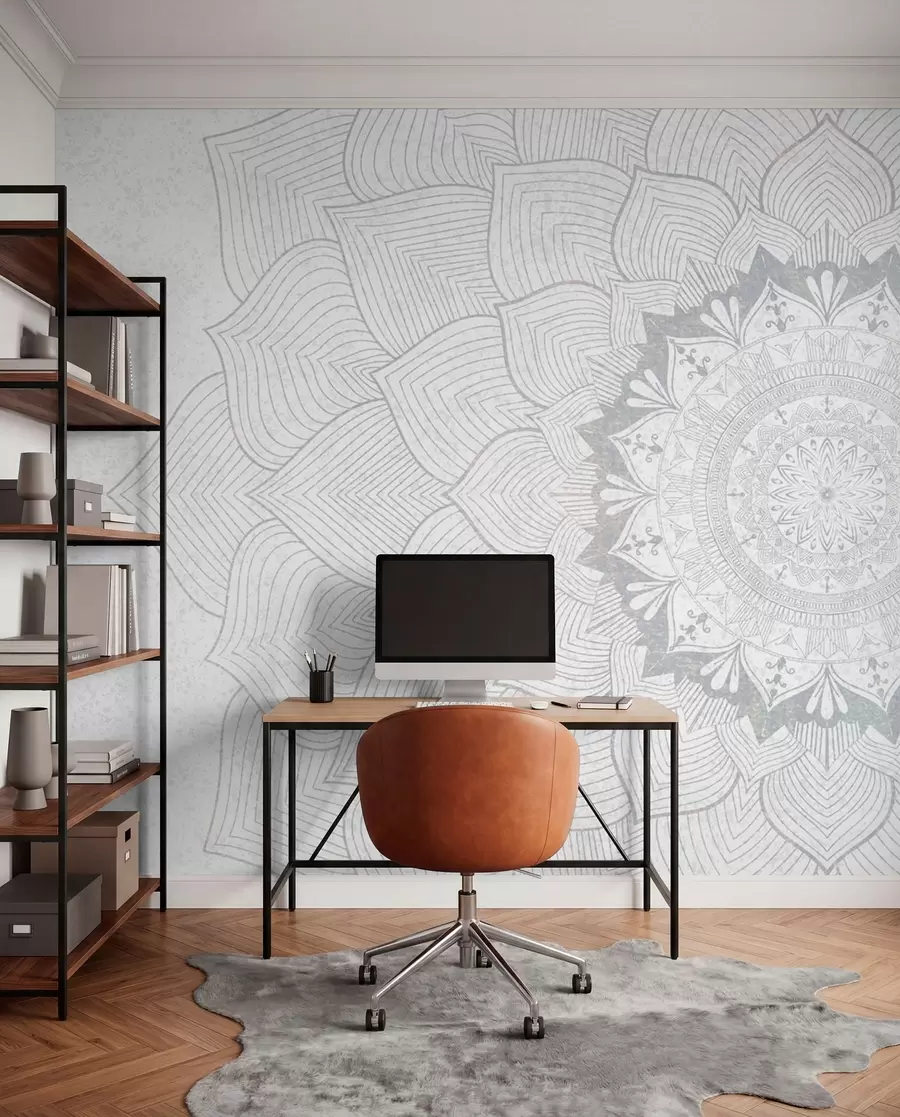 Fotobehang Ronde mandala, behang voor yogaruimte of om persoonlijke ruimte te harmoniseren. Muurmandala in grijstinten op een heterogene achtergrond met structuur w01088v2