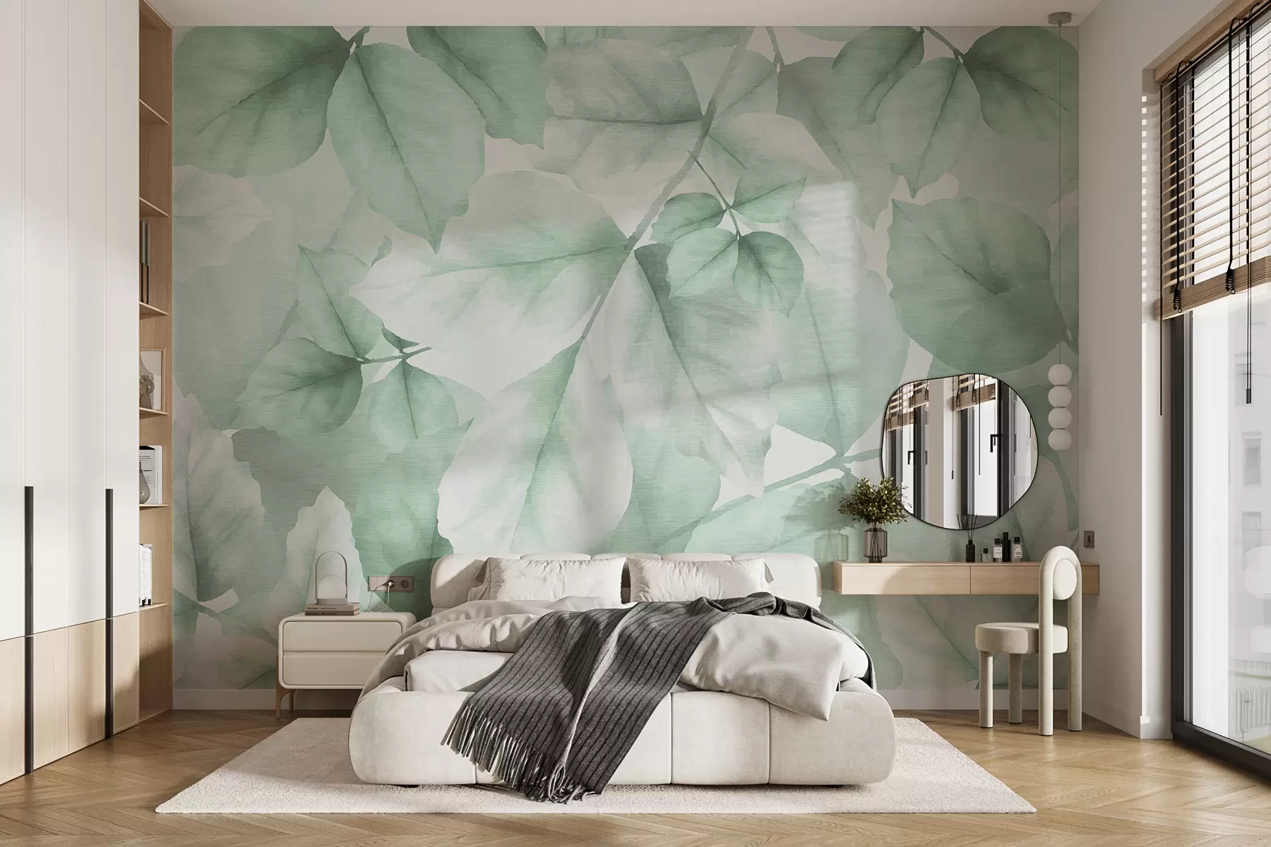 Fotobehang Behang met structuur en grote bladeren in pasteltinten groen w01090v3