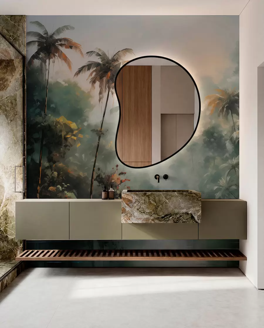 Fotobehang Jungle bij de vijver, palmbomen, vegetatie w01613