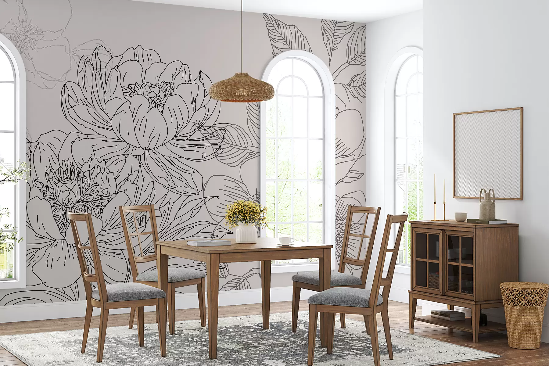 Fotobehang Lineaire bloemen in zwarte kleur w01530v1